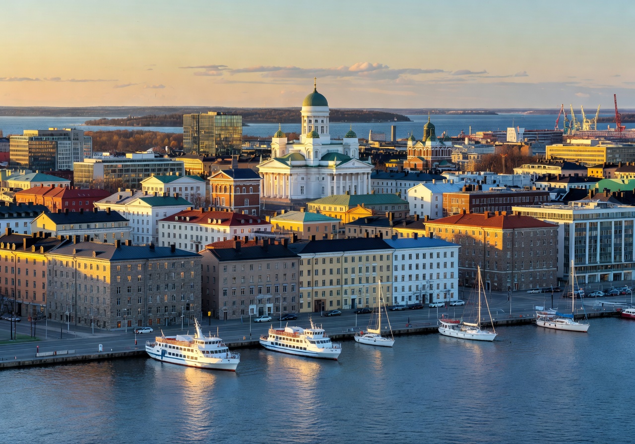 Helsinki Cityscape view with sunset colors