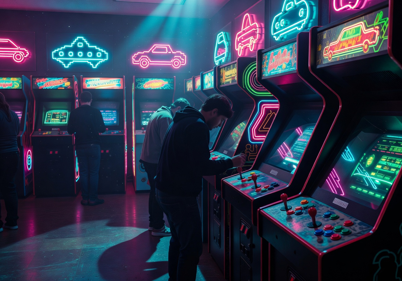 Retro arcade machine with glowing orange and red neon lighting